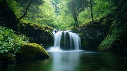 Serene waterfall in lush forest with moss-covered rocks and tranquil pool