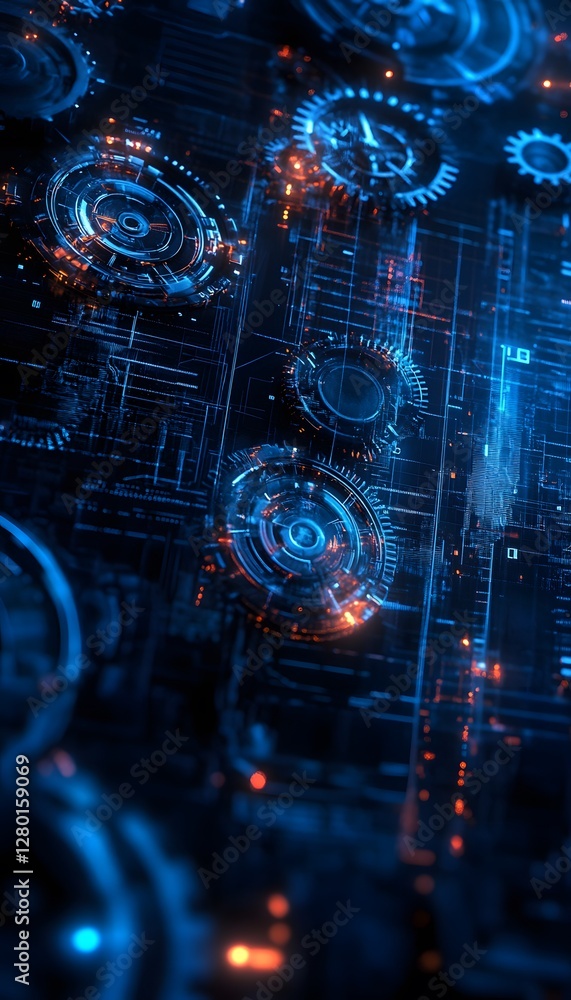 Poster futuristic digital circuits and cogs depict technological advancement and progress