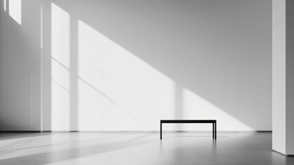 Minimalistic interior with sunlit shadows and modern black bench in empty room