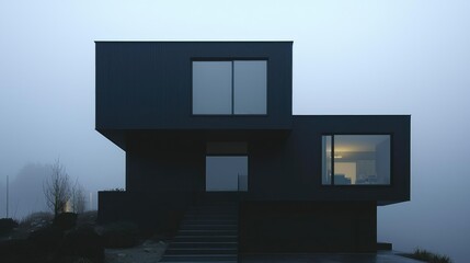 Modern dark house, foggy landscape, minimalist design, architecture image