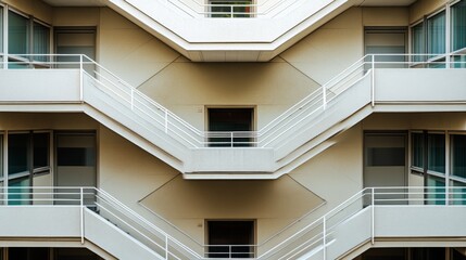 Geometric architecture featuring symmetrical balcony design with railings