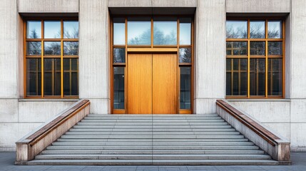 Elegant building entrance with wooden door and symmetrical windows
