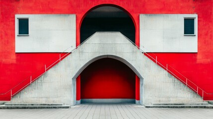 Modern architectural structure with red and gray facade featuring symmetrical stairs and archway