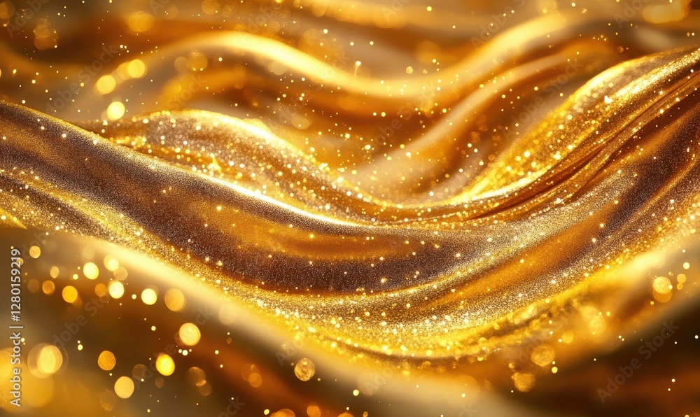 Poster glimmering golden waves with sparkling particles and smooth texture creating a luxurious and elegant