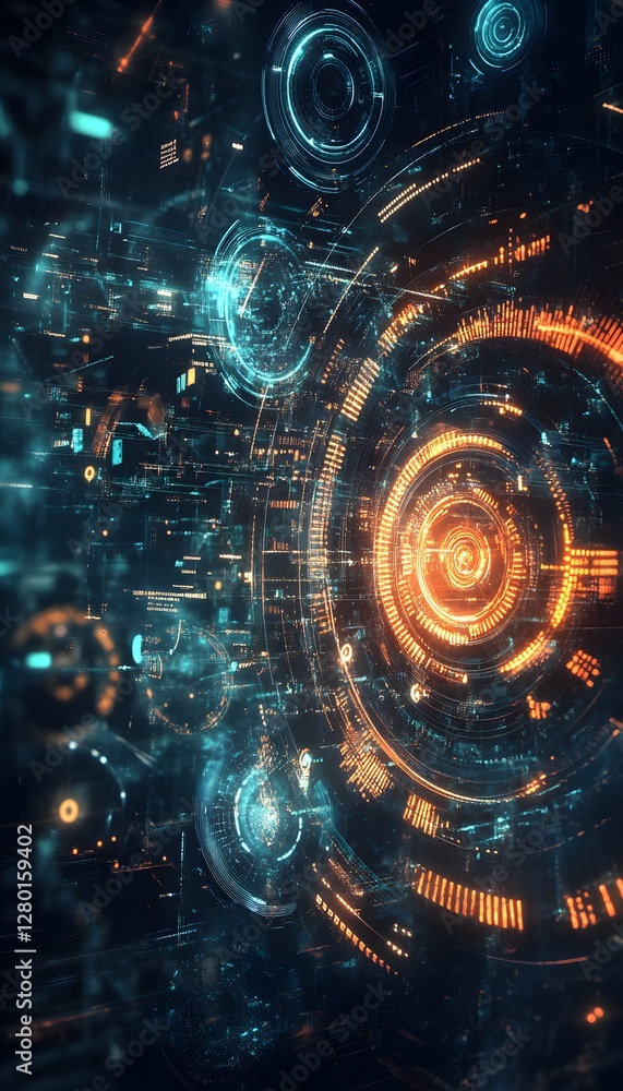 Poster futuristic data visualization depicts sophisticated technology interface design
