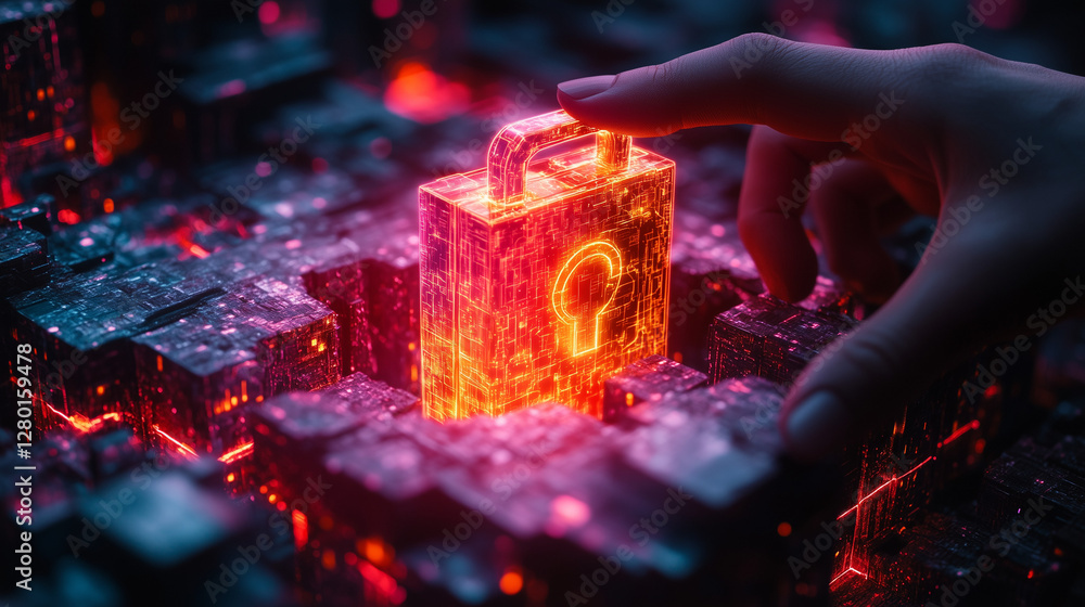 Poster hand touching glowing padlock icon on digital surface. use for cybersecurity blogs, technology websi