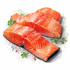 Fresh salmon fillets on white background, showcasing vibrant orange color and marbling. Ideal for culinary presentations and healthy meal options