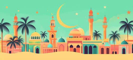 Naklejka premium Ramadan Kareem banner, poster, card, holiday cover. Modern art design in pastel colors with pattern of beautiful arabian old ancient city against the backdrop of a bright big crescent moon with stars.