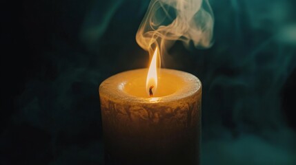 Fototapeta premium Glowing candle with flickering flame and smoke in dark atmosphere
