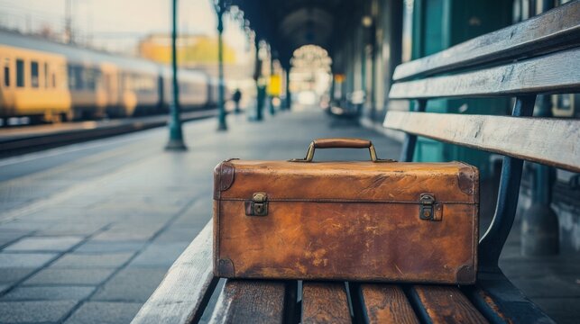 Vintage leather suitcase on bench at train station platform