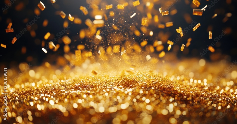 Poster glittering gold particles and dust grains creating an elegant shimmering effect on a dark background