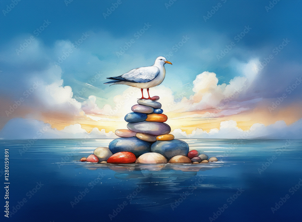 Poster a lone seagull stands atop a colorful pile of stones in calm water. a serene sky with soft clouds fo