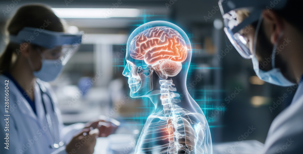 Poster Interns actively study human anatomy, focusing on brain structure and function. They utilize advanced technology to enhance their understanding of medical concepts in a training environment.