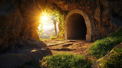 Fototapeta premium Sunny entrance to ancient stone cave with lush greenery at sunset