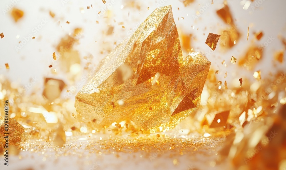 Poster glittering golden crystal with sparkling fragments in a dazzling display of light against a soft whi