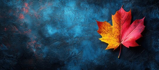 Single autumn maple leaf on a dark blue textured background.