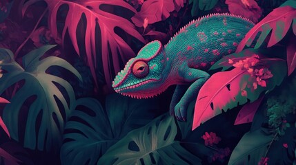 Vibrant Chameleon in Lush Tropical Foliage