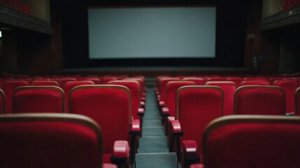 Fototapeta premium Empty movie theater with red seats and large screen in dim lighting