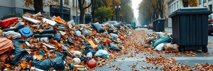 Overflowing trash container on sidewalk with fallen leaves and golden autumn trees in the background, overflowing, street