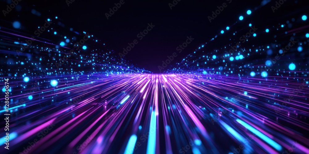 Wall mural abstract futuristic digital highway with glowing lines and particles.