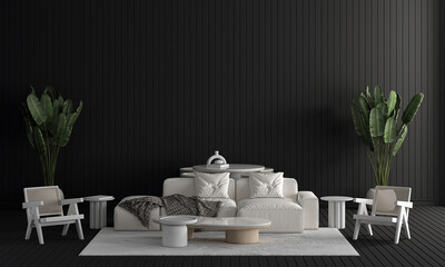 Home and decor and modern living room interior design white sofa and dining table decoration and black wooden tile pattern wall background. 3D rendering. 