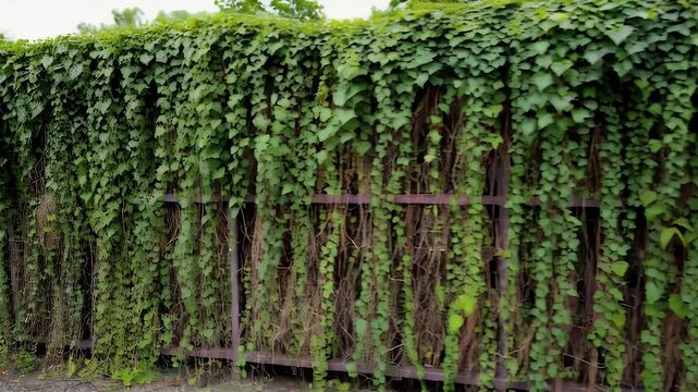 Time-lapse of creeping vines slowly overtaking a metal fence, twisting and weaving through gaps.

