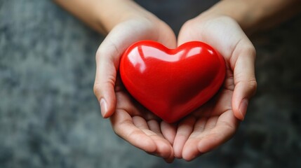 Fototapeta premium Hands holding red heart symbolizing love and compassion