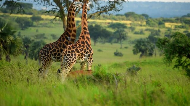 Two Giraffes rubbing necks in Uganda grassland