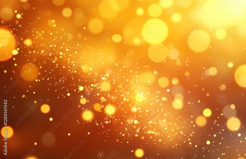 Poster glowing golden background with sparkling particles, bright lights creating a warm and inviting atmos