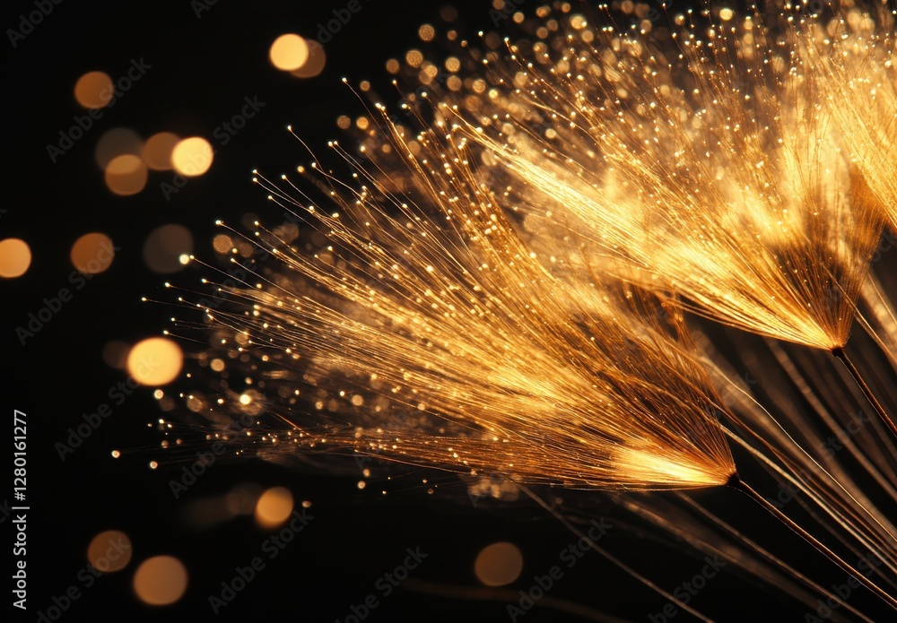 Poster glowing golden sparks create a magical background with shimmering light trails on a dark backdrop fo