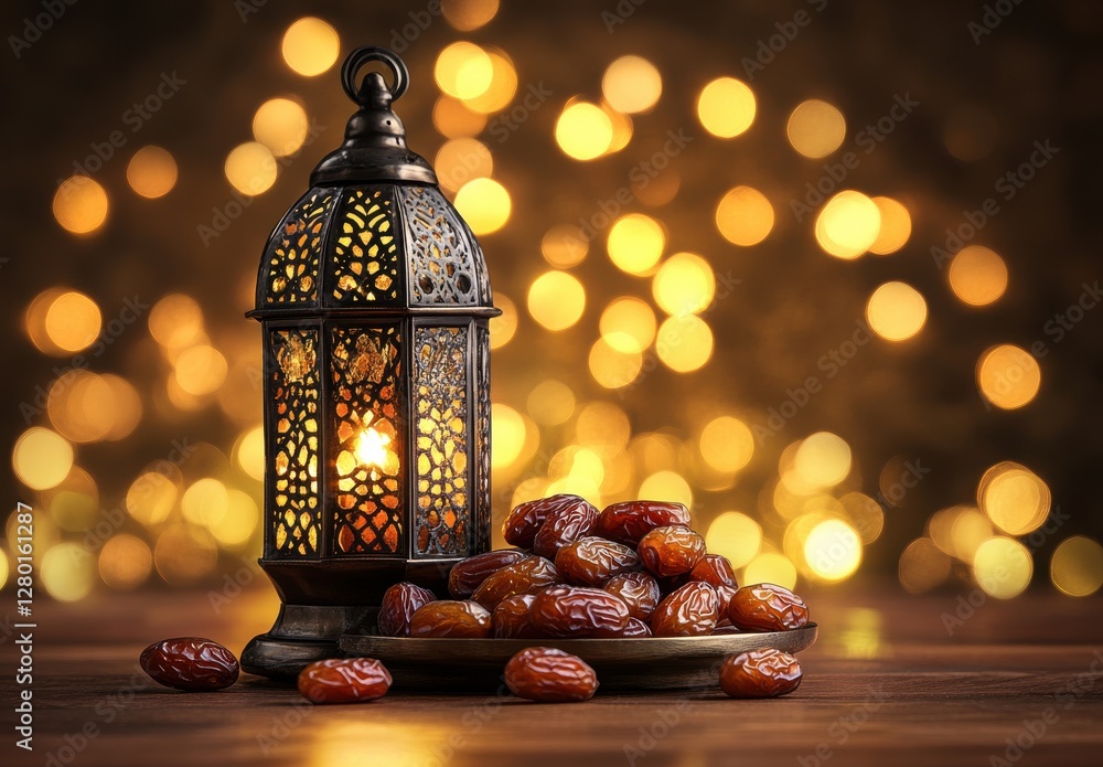 Poster glowing lantern with bokeh background featuring delicious medjool dates on a wooden surface for seas