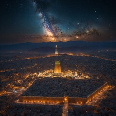 A celestial view of ancient Mecca, where the night sky is filled with a radiant galaxy, shining over the holy city.