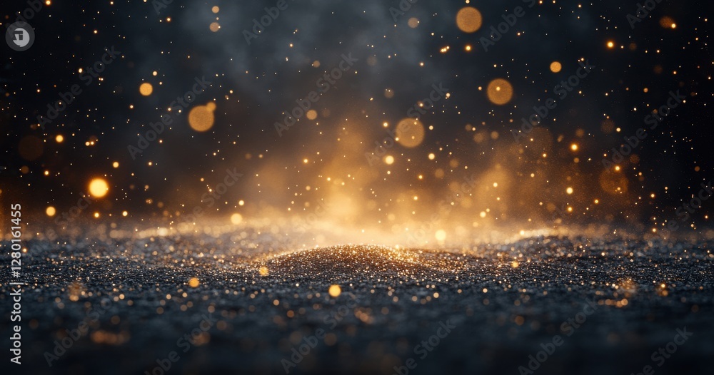 Poster glowing particles and bright bokeh effects in a dark background creating an attractive and captivati