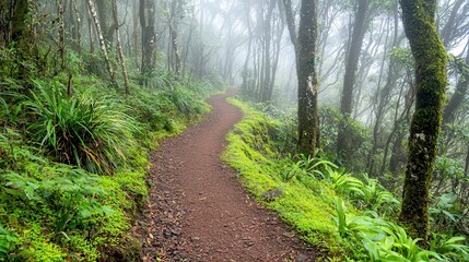 Obraz premium Misty Forest Trail Winding Through Lush Green Foliage