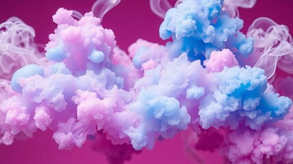 Obraz premium Pink smoke puffs swirling in front of a vibrant blue background in bold color blobs resin style, with hyper-realistic detail and juxtaposed imagery, puffs, color