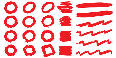 vector artwork features various hand-drawn elements such as red vector underlines, marker lines, squiggles, waves, circles, boxes, pen strokes, scratches, swishes, paint strokes, scribbles, and grunge