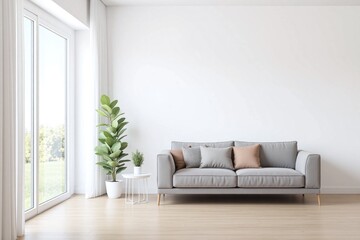 Fototapeta premium Modern living room window gray sofa side table coffee table