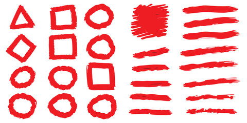 vector artwork features various hand-drawn elements such as red vector underlines, marker lines, squiggles, waves, circles, boxes, pen strokes, scratches, swishes, paint strokes, scribbles, and grunge