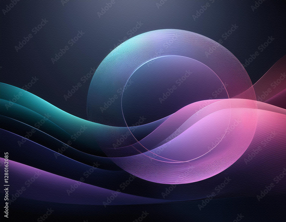 Poster abstract background with flowing teal and purple waves and a central translucent circle against a da
