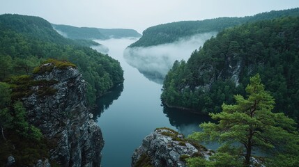 Obraz premium Misty River Canyon. High Angle View. Possible Use Nature background