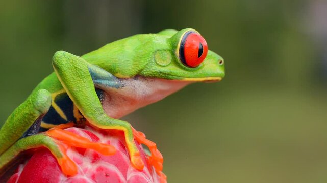 Red eyed tree Frog, starring at the camera and jumping out of the frame in Costa Rica