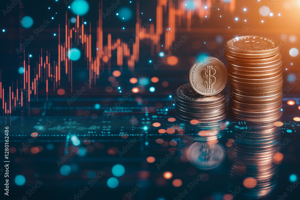 Aufkleber bitcoin pile and charts: a stack of bitcoin coins sits prominently in the foreground with an intrica