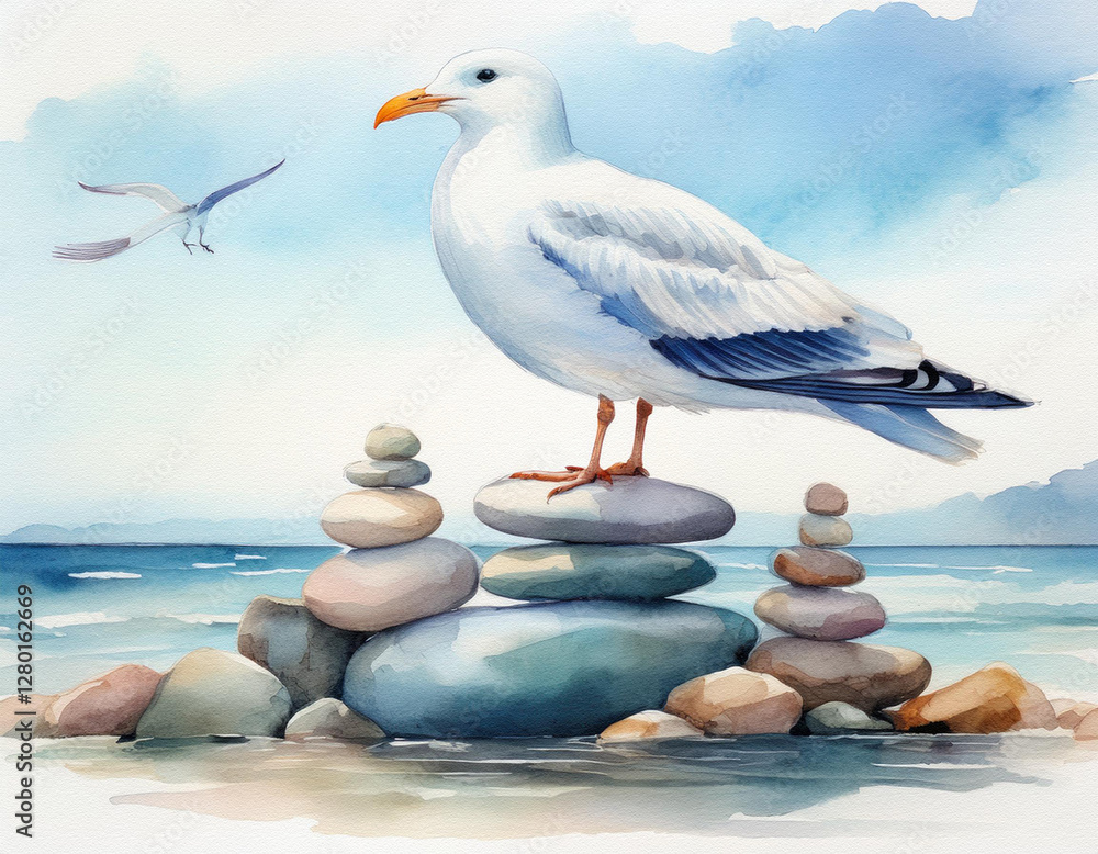 Poster a white seagull stands atop stacked stones at the beach with another bird flying in the background. 