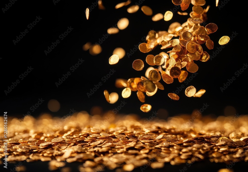 Poster golden coins falling in a dynamic motion, capturing the elegance of wealth and prosperity against a 