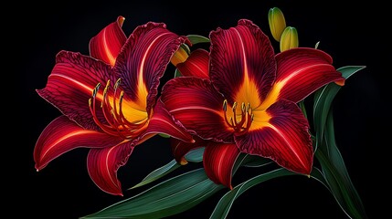 Obraz premium Crimson Daylilies in Dramatic Close-Up AI Generated