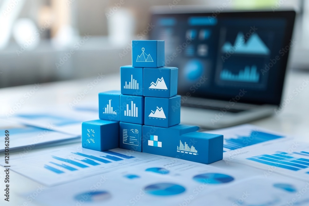 Poster Blue blocks representing data analysis growth on office desk with laptop and graphs