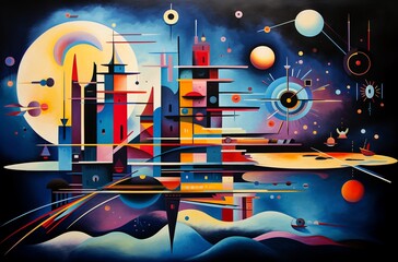 Abstract illustrations in Wassily Kandinsky style. Abstract painting with geometric shapes. AI generated.