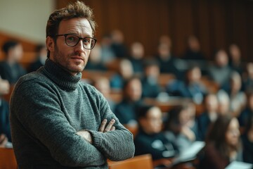 Fototapeta premium Lecturer gives an educational lecture he has deep knowledge in his field