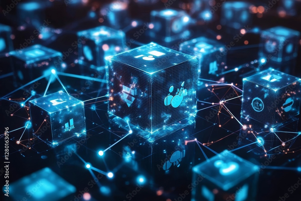 Aufkleber connected digital cubes network, abstract background, showing data exchange
