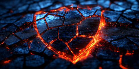 Cyber security shield glowing red on a cracked blue surface. Use for technology blogs, cybersecurity firms, or articles about data breaches and online threats.